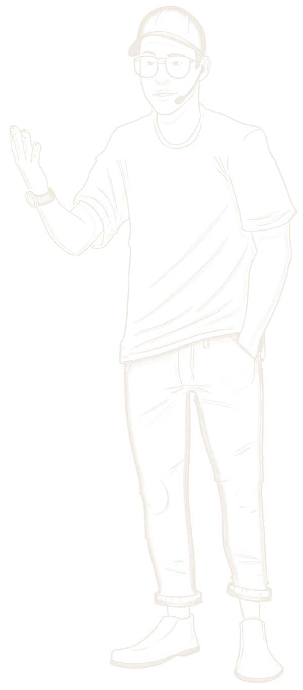 Chalk line drawing of Ethan Lu waving, in a cap and glasses